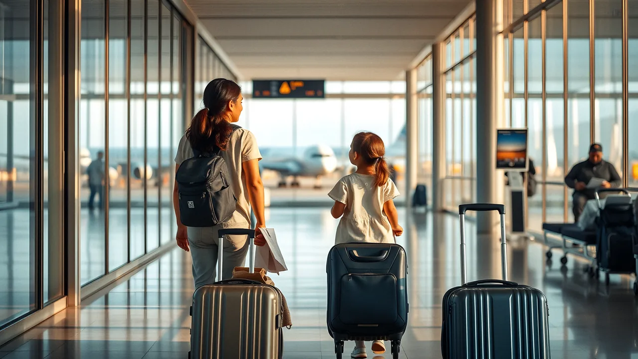 A young family with two suitcases walking through a bright airport hall