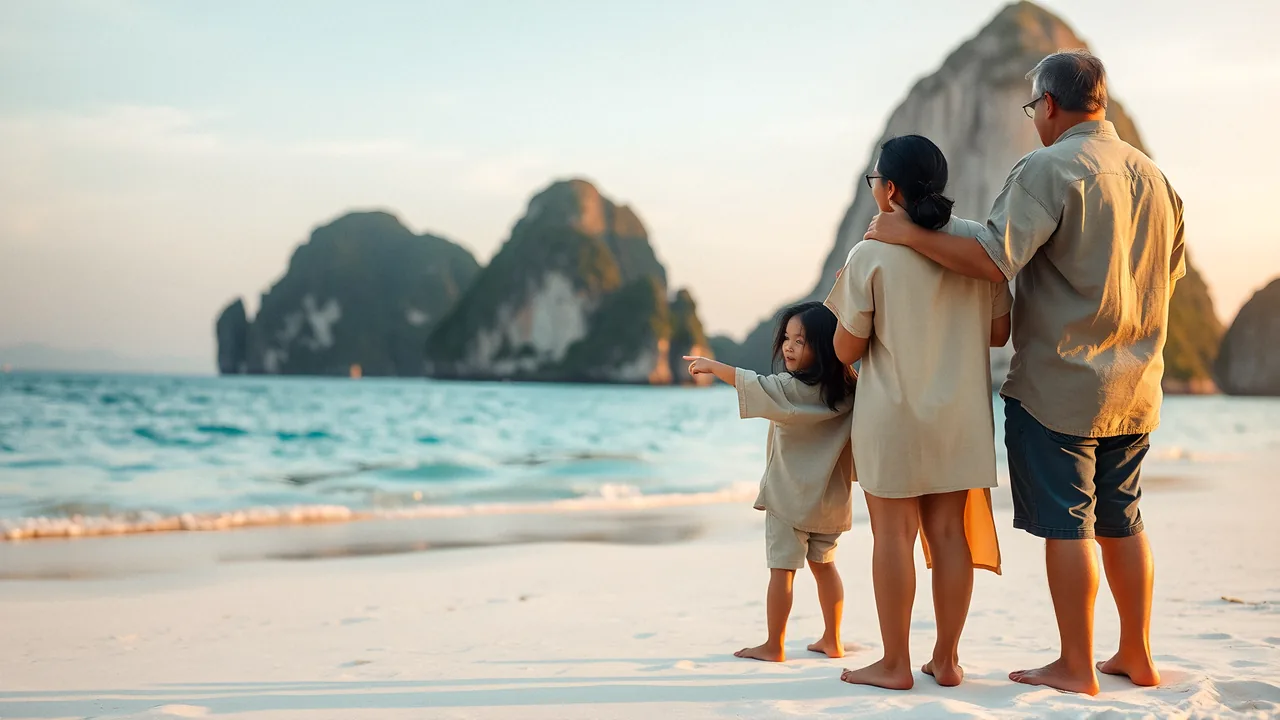 El Nido Island Escape: A family on a white beach looking at the lagoon and limestone cliffs of El Nido