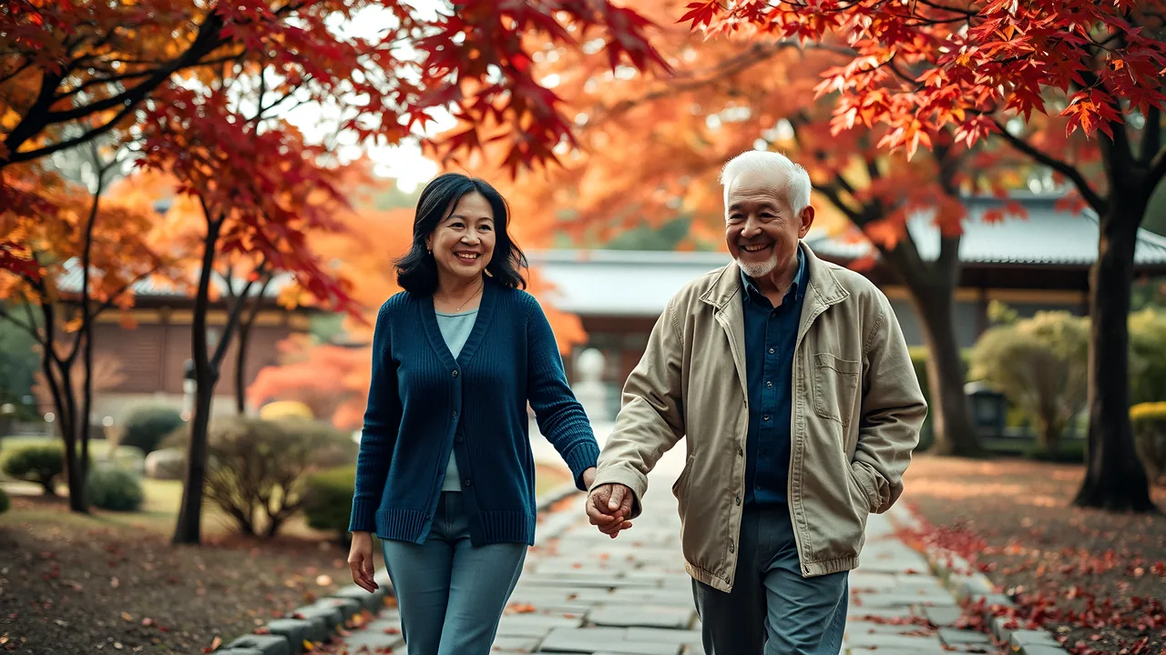 Japan in Autumn: Osaka, Kyoto & Nara: A couple walking hand in hand under red maple trees in a Kyoto temple garden