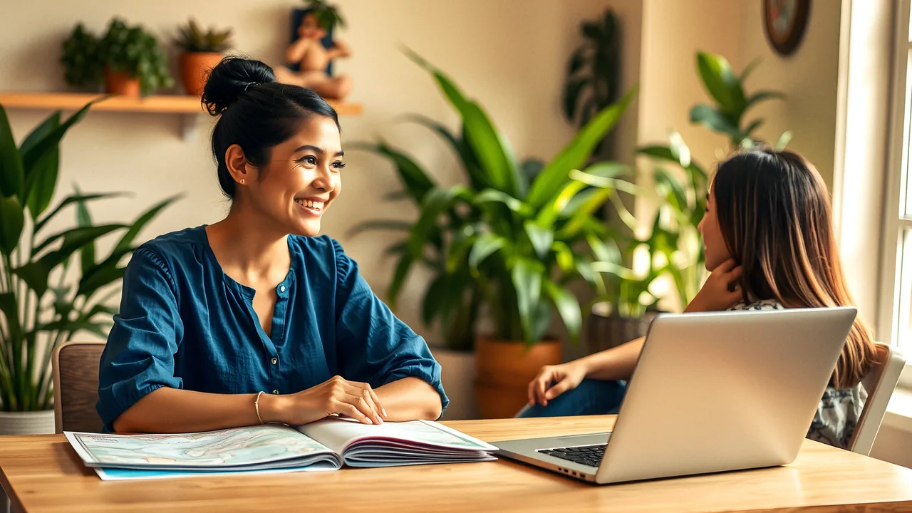 A travel consultant talking with a young couple across her desk