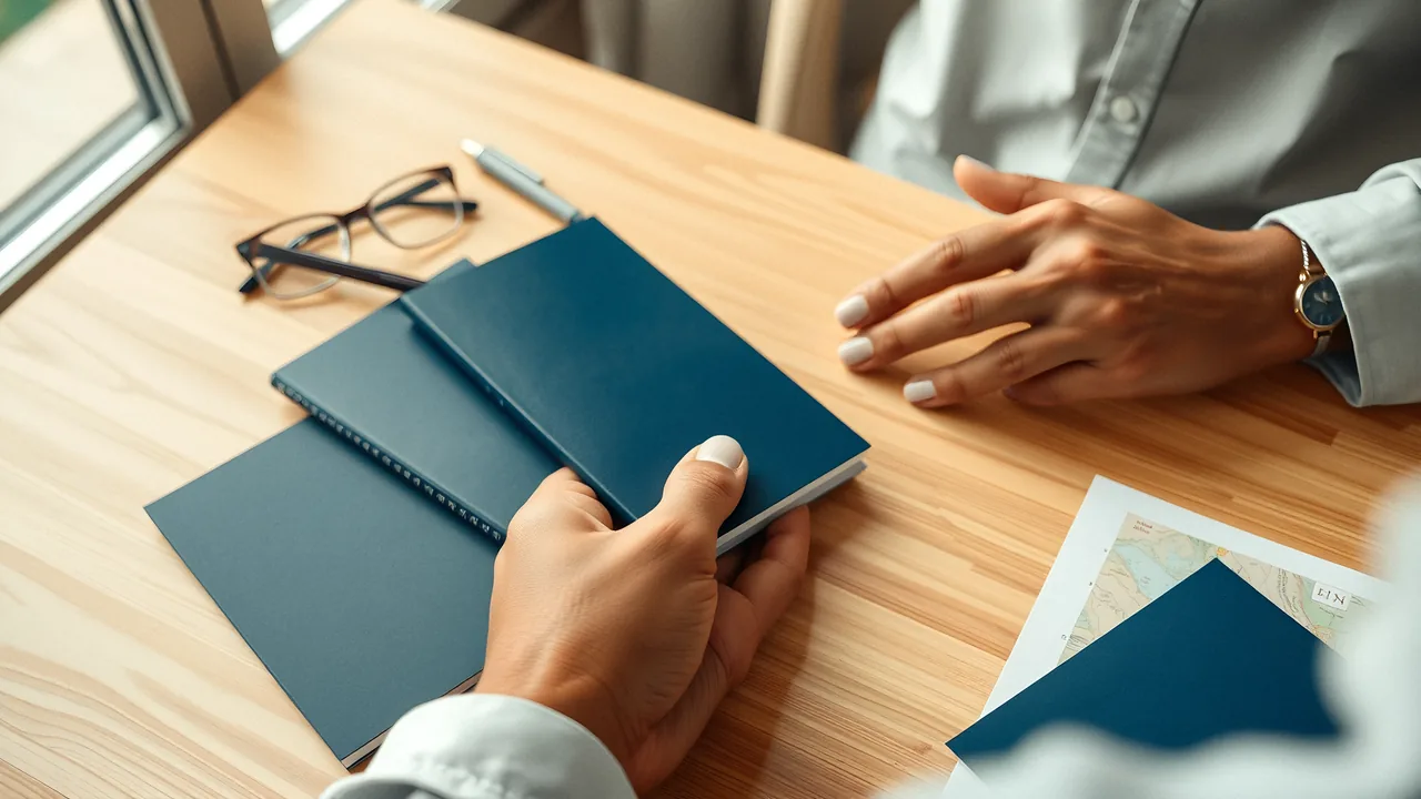 A consultant's hands checking a stack of passports and forms on a desk