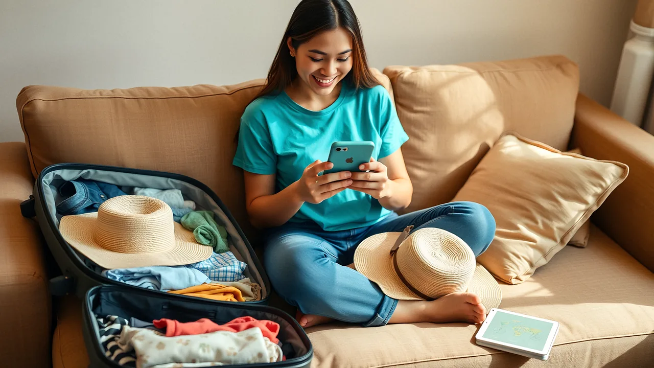 A woman smiling at her phone beside a half-packed suitcase