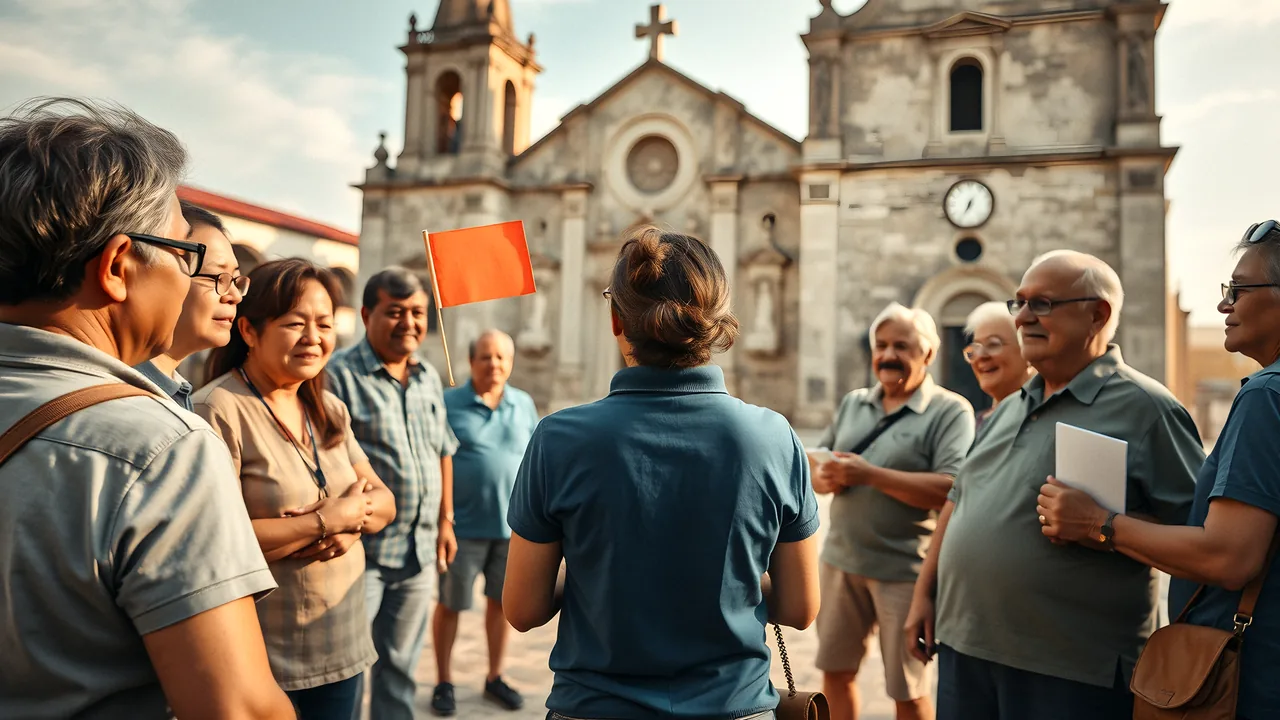 A tour group of seniors listening to their guide in front of an old stone basilica