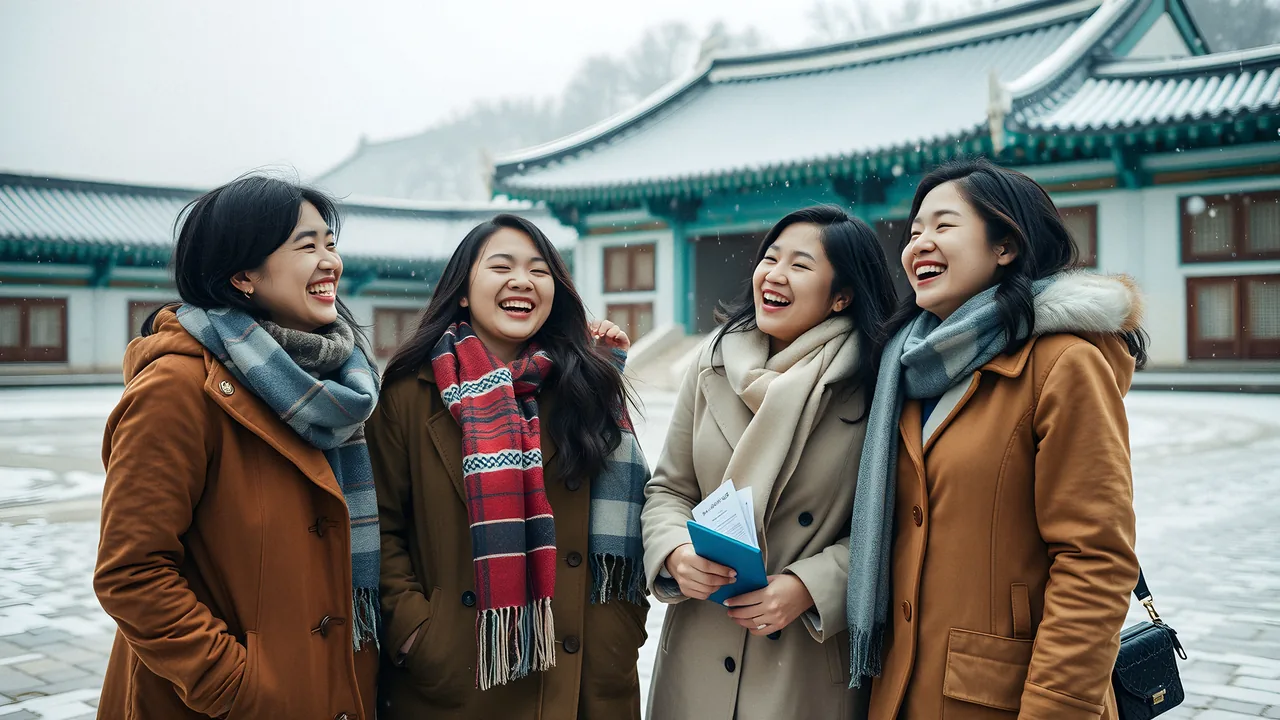 Four friends in winter coats laughing in the snowy courtyard of a Korean palace