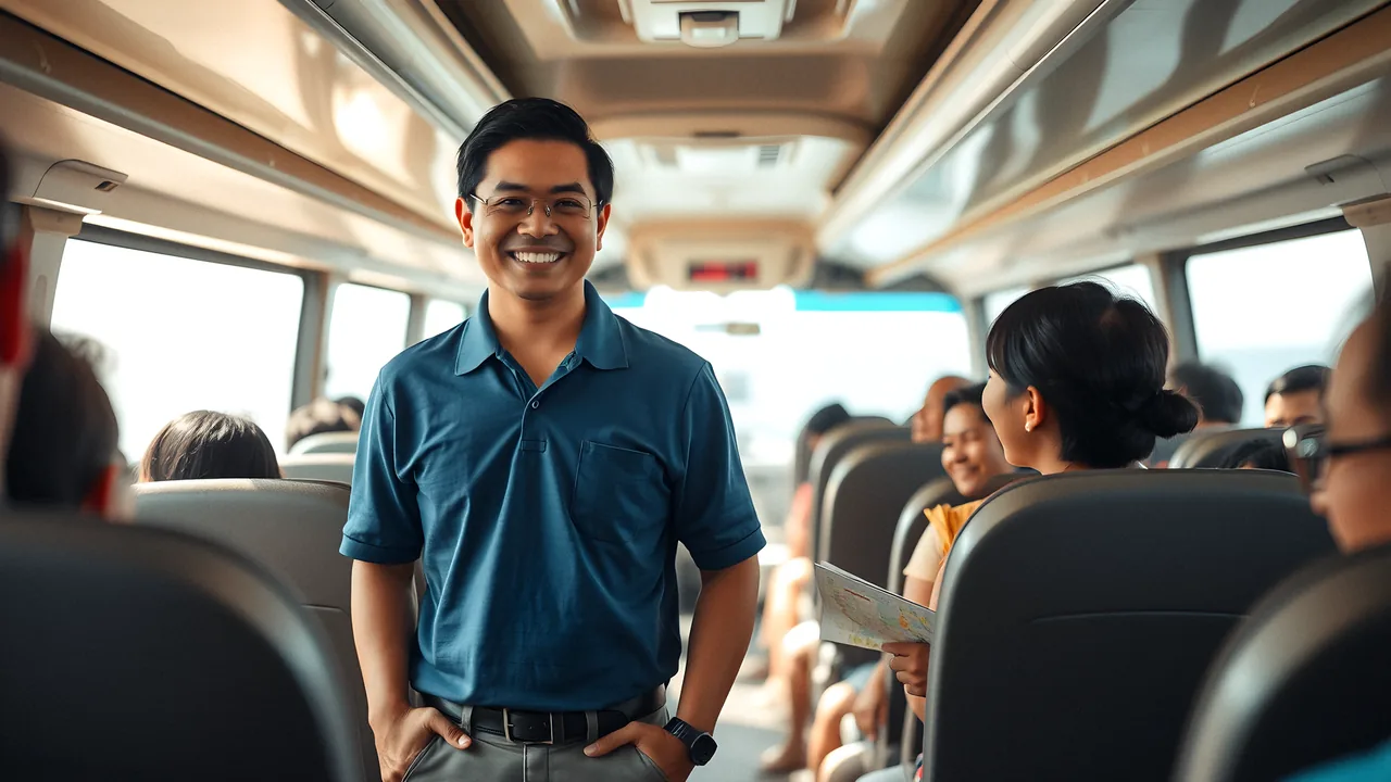 A smiling tour guide talking to laughing passengers at the front of a tour coach