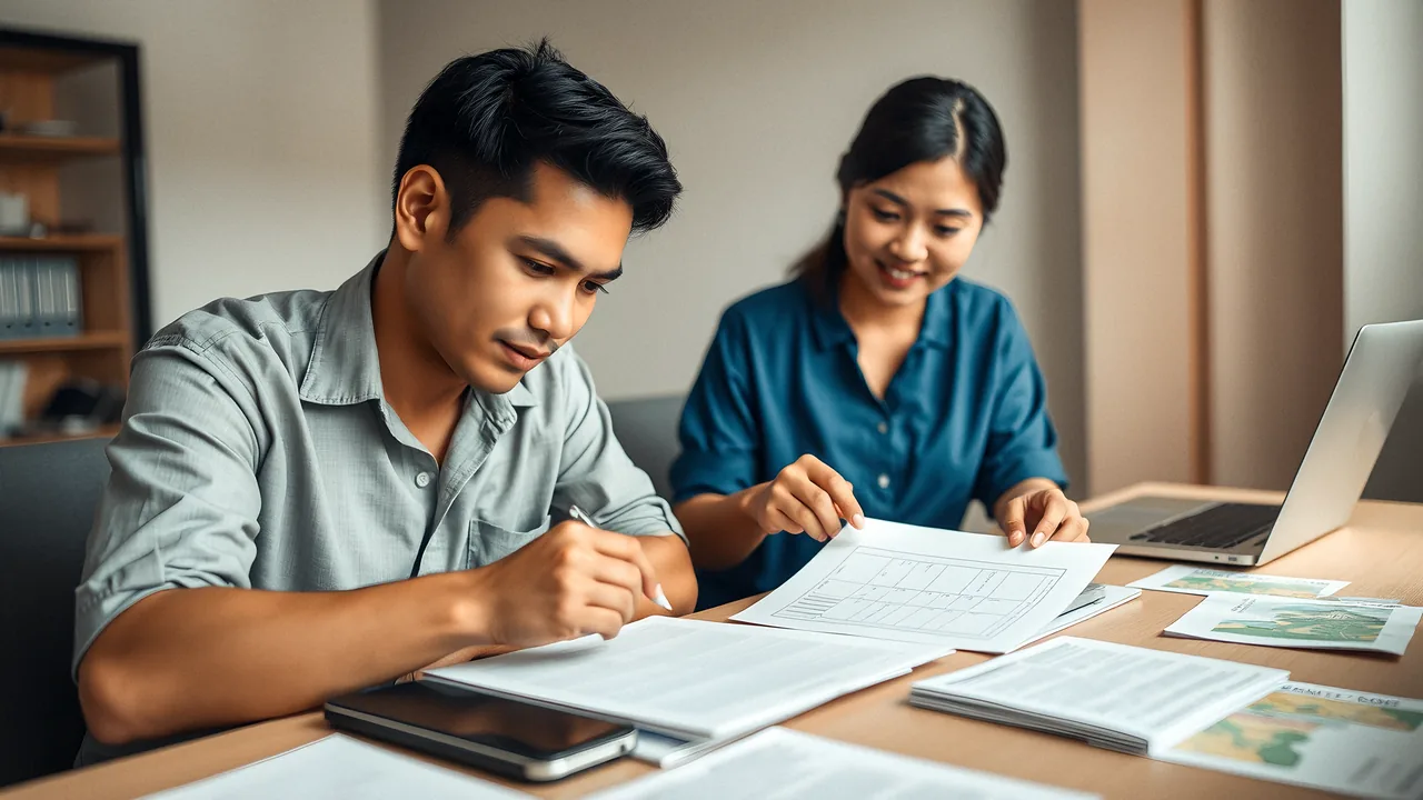 A consultant pointing to a line on a form a young professional is filling in