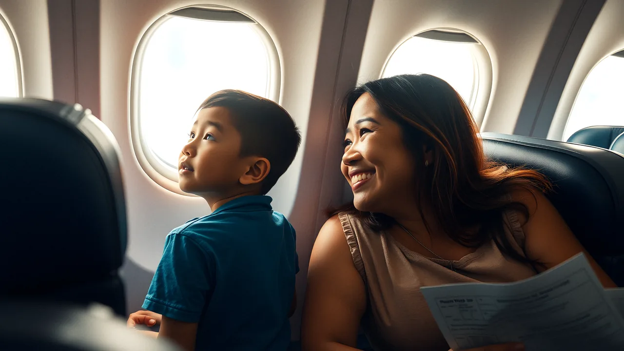 A boy looking out of an airplane window at the clouds, his mother smiling beside him